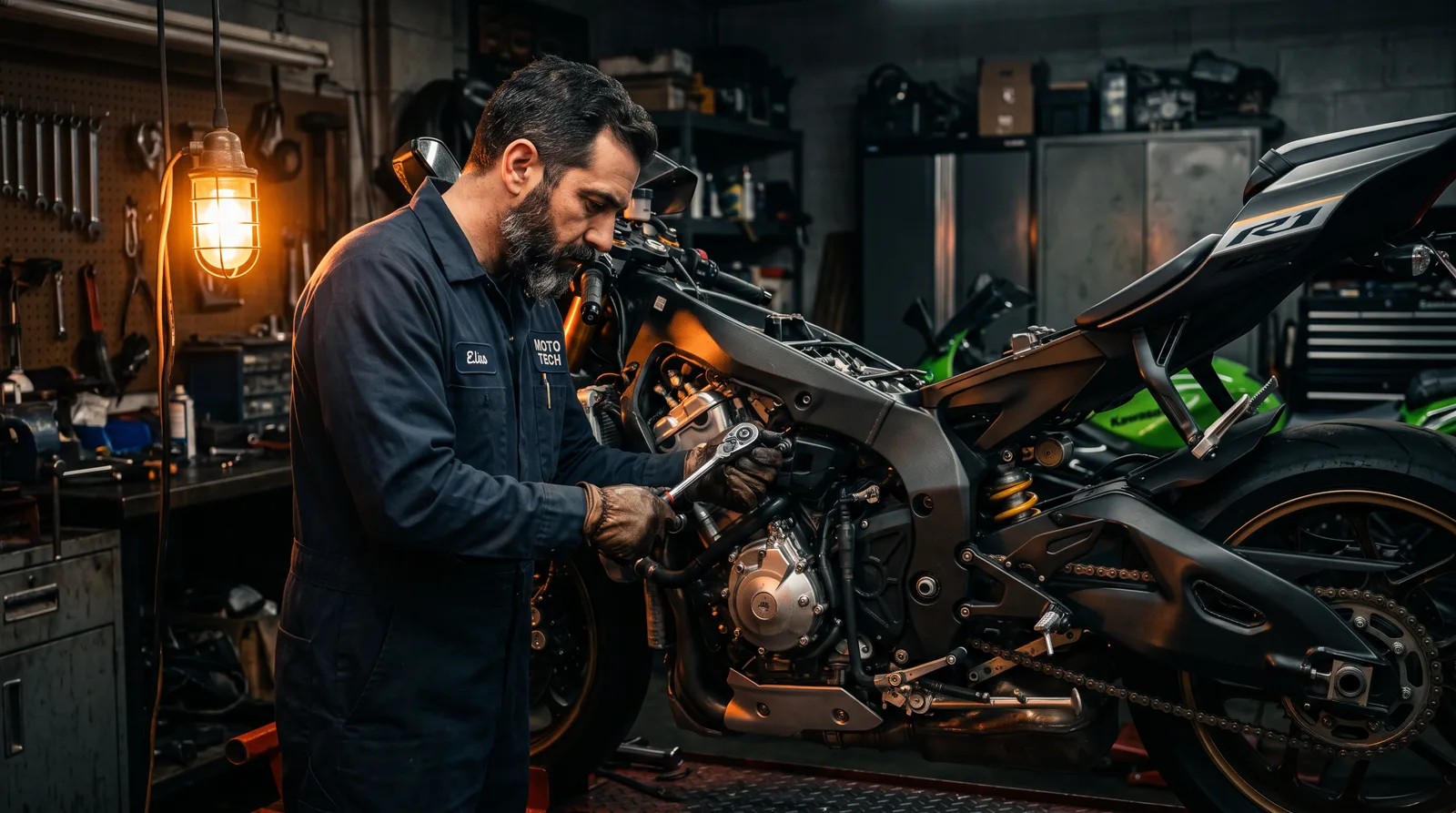 Mecânico especializado trabalhando no motor de uma moto esportiva